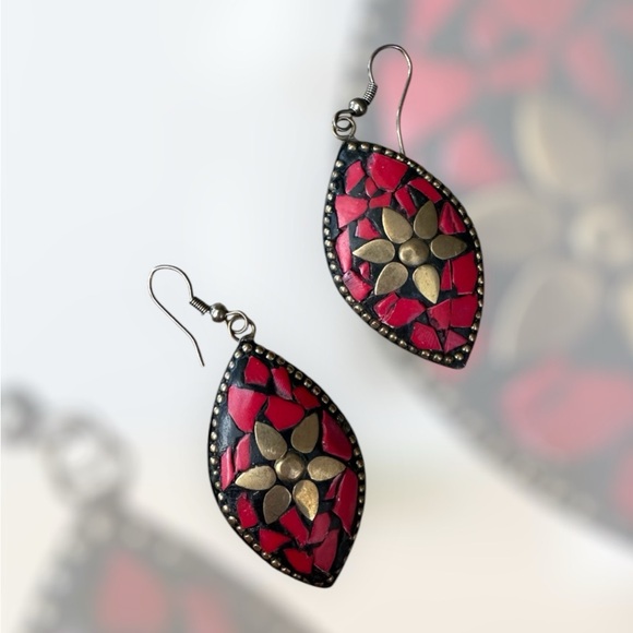 Brass w red mosaic earrings Spain pierced w wires - Picture 1 of 3